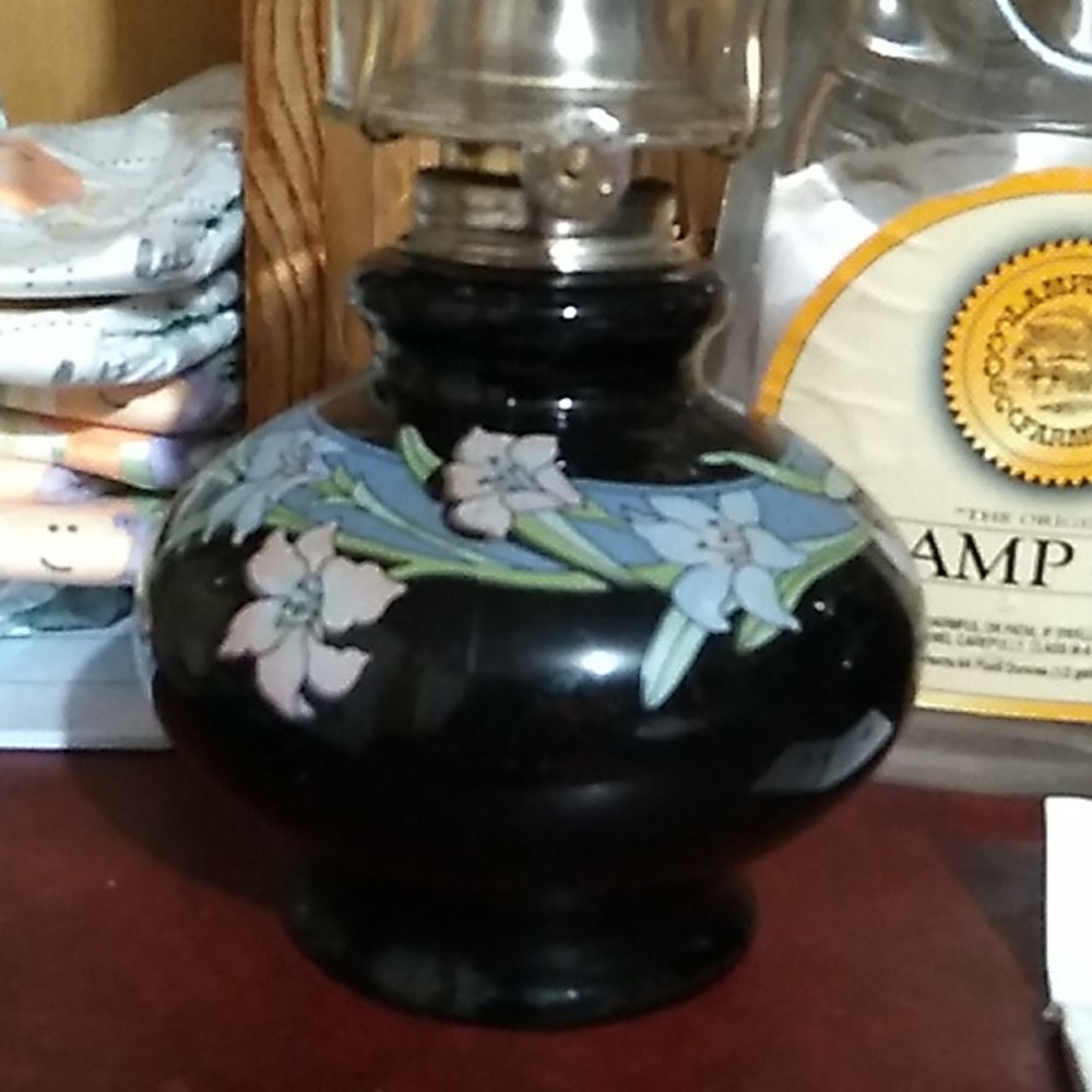Anchor Hocking  black/ floral antique  oil lamps